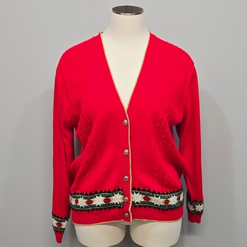 Vintage Christmas Cardigan Sweater Plus Size 22W Red Metallic Festive Made USA